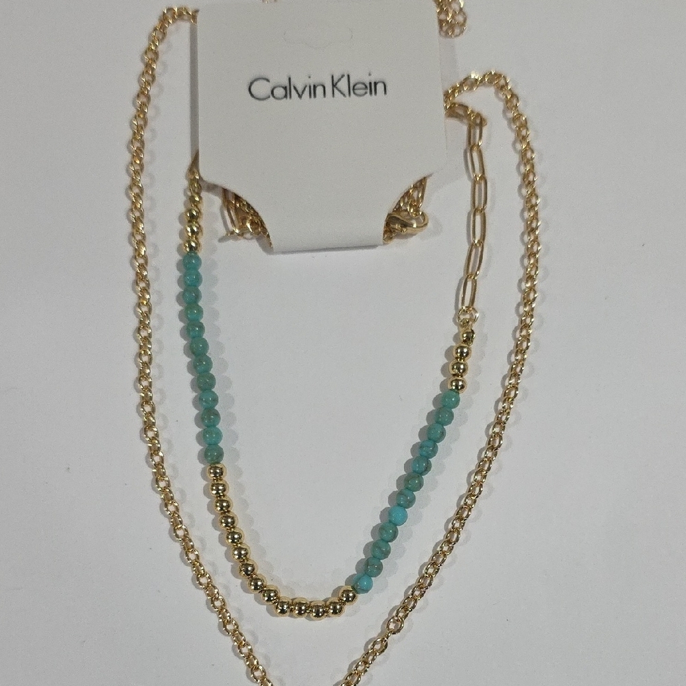 Calvin Klein Gold Plated Layered Necklace w/ Turquoise Beads & Pendant – Jewelry - Picture 8 of 9